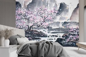 Gario Fototapeta Čerešňový kvet na pozadí hory Materiál: Vliesová, Rozmery: 300 x 210 cm