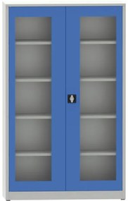 Kovona Zváraná policová skriňa s presklenými dverami, 1950 x 1200 x 600 mm, sivá/modrá