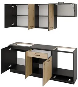 Kuchynská linka Dendron 200, Farby: grafit / dub artisan + čierna skala, Osvetlenie: bez osvetlenia