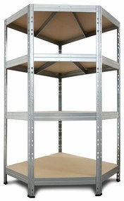 Rohový kovový regál RIVET, 180x90x45x64,5 cm, 4x HDF polica, zinok