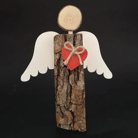 AMADEA Drevený anjel s kôrou s bielymi krídlami a čeveným srdcom, masívne drevo, 19x14,5x3 cm