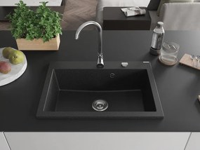Mexen Elix, 1-korový granitový drez 700 x 500 mm, čierna/strieborná metalíza, chrómový sifón, 6526701005-73