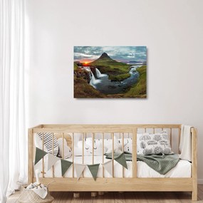 Sklenený obraz - Kirkjufell pri západe slnka (70x50 cm)