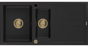Mexen Andres granitový 1,5-komorový drez s odkvapkávačom 1000 x 500 mm Čierna, Sifón Zlatá - 6515101510-77-G