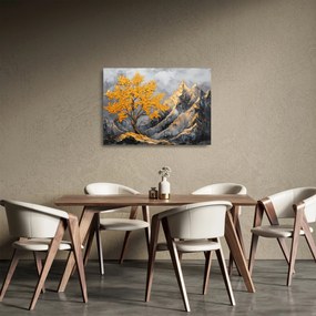 Sklenený obraz – Zlatý strom v horách (70x50 cm)