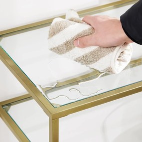 Sklenený konzolový stolík s 3 policami, kovový rám, zlatá farba