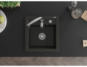 Mexen Vito, 1-komorový granitový drez 520x490x210 mm a drezová batéria Savita, čierna-zlatá metalíza, 6503-75-672601-00