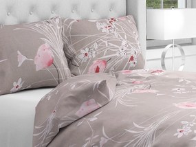 Biante Bavlnené posteľné obliečky Sandra SA-302 Ružové kvety na sivobéžovom Dvojlôžko francúzske 200x200 a 2ks 70x90 cm