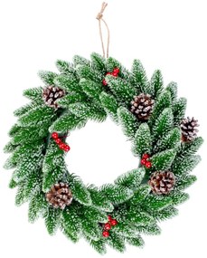 Veniec MagicHome Vianoce, s bobuľkami, prírodný, zasnežený, 33 cm