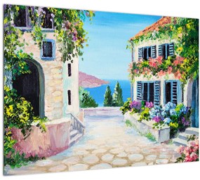 Sklenený obraz - Grécka ulička, olejomaľba (70x50 cm)