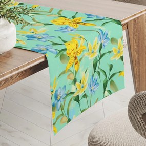 Biante Teflónový behúň na stôl TF-082 Žlto-modré ľalie na mintovom 35x180 cm