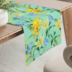 Biante Teflónový behúň na stôl TF-082 Žlto-modré ľalie na mintovom 45x120 cm