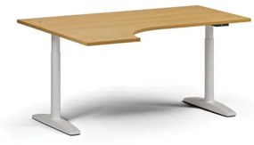 Výškovo nastaviteľný stôl OBOL, elektrický, 675-1325 mm, rohový ľavý, doska 1600x1200 mm, biela zaoblená podnož, buk