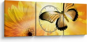 Obraz - Žltý motýľ s kvetom (s hodinami) (90x30 cm)