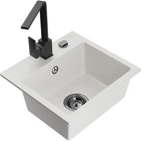 Mexen Milo, 1-komorový granitový drez 435x410x171 mm a čierna batéria Rita, biela, 6505-20-670300-70