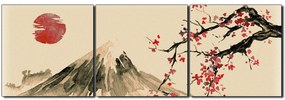 Obraz na plátne - Tradičné sumi-e obraz: sakura, slnko a hory - panoráma 5271FB (150x50 cm)