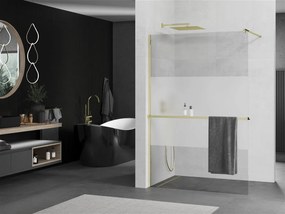 Mexen Kioto+, sprchová zástena s poličkou a držiakom na uteráky 140 x 200 cm, 8mm číre sklo vzor námraza, zlatý profil, 800-140-121-50-35