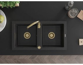 Mexen Mario, granitový drez 820x436x161 mm, 2-komorový, čierna-strieborná metalíza so zlatým sifónom, 6504822000-73-G