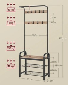 VASAGLE vešiak na kabáty s 9 odnímateľnými háčikmi HSR040K – 33,7 × 72 × 183 cm