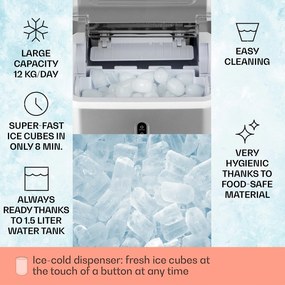 Klarstein Chillout, výrobník ľadu, oblé kúsky ľadu, 12 kg/24 h, nádrž 1,5 l, strieborný