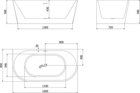 Mexen Oval, voľne stojaca nástenná vaňa 160 x 80 cm, biela-čierna, medený prepad, 52671608075-65