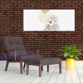 Obraz - Béžové kvety s motýľom N⁰3 (120x50 cm)