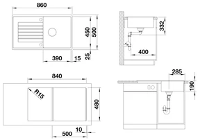 Blanco Zia 5 S, silgranitový drez 860x500x190 mm, 1-komorový, biela, 520515