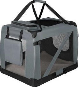 Skladací prepravný box pre psov, sivý, s posteľou, veľkosť S