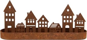 Hrdzavá dekorácia svietnik s domčekmi - 30*8*13 cm