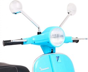 Ramiz Elektrický skúter Vespa pre deti modrý + pomocné kolieska + audio + ekokoža + EVA + plynulý štart