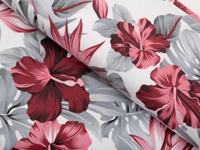 Biante Bavlnené posteľné obliečky Sandra SA-440 Červeno-sivé kvety a listy monstery Predĺžené 140x220 a 70x90 cm