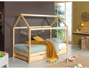 Domčeková detská posteľ z borovicového dreva s výsuvným lôžkom a úložným priestorom v prírodnej farbe 90x200 cm DALLAS – Vipack