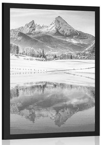 Plagát zasnežená krajina v Alpách v čiernobielom prevedení - 20x30 silver