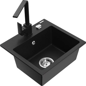 Mexen Milo, 1-komorový granitový drez 435x410x171 mm a čierna batéria Rita, čierna, 6505-77-670300-70