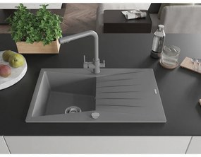 Mexen Cesar, granitový drez 775x470x190 mm, 1-komorový a šedá matná batéria Duero, šedá, 6514-71-671600-71