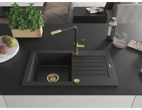 Mexen Pablo, 1-komorový granitový drez 752x436x161 mm a drezová batéria Flora, čierna-strieborná metalíza, 6510-73-670401-57-G