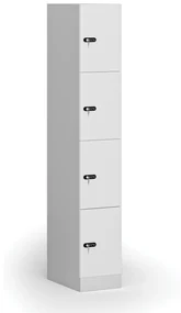 Šatníková skrinka s úložnými boxmi, 4 boxy, 1850 x 300 x 500 mm, mechanický kódový zámok, laminované dvere, biela