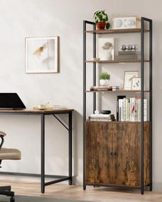 Knižnica, 6-úrovňová stojaca polica s dvierkami, 24 × 60 × 159,5 cm, rustikálna hnedá