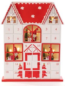 Drevený LED adventný kalendár so zásuvkami DOMČEK červený