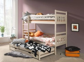 Detská poschodová posteľ z masívu borovice SEVERUS s prístelkou a šuplíky - 200x90 cm - biela