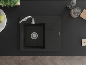 Mexen Ben Granitový drez 1-komorový s odkvapkávačom, ľavý 600 x 500 mm, čierny, chrómový sifón - 6522605000-77