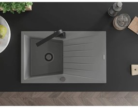 Mexen Cesar, granitový drez 775x470x190 mm, 1-komorový, šedá s čiernym sifónom a čierna drezová batéria Rita, 6514-71-670300-70-B