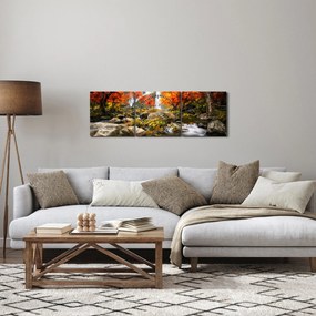 Obraz - Vodopády v oranžovom lese (s hodinami) (90x30 cm)