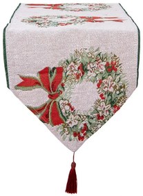 Béžový behúň so strapcom a vianočnými venci Christmas Rustic - 33*180 cm