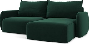 Tmavozelená zamatová rozkladacia/s úložným priestorom rohová pohovka (pravý roh/s leňoškou) Kalena – Makamii