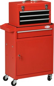 DURHAND 2-v-1 Nástrojový Vozík s Odnímateľnou Toolboxou, Skriňou s Kľúčom a 4 Oceľovými Zásuvkami, Červený | Aosom