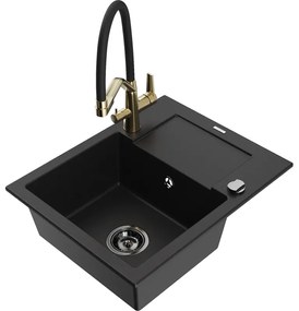 Mexen Enzo, granitový drez 576x465x174 mm, 1-komorový a drezová batéria Duo, čierna, 6506-77-671701-57-B