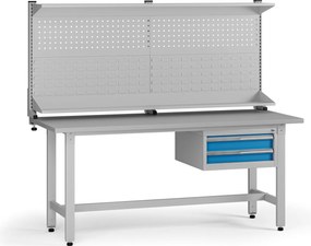 Výškovo nastaviteľný dielenský stôl G5 s nadstavbou, 1800 x 750 x 800-1000 mm, 1x kontajner, 2 zásuvky, modrá