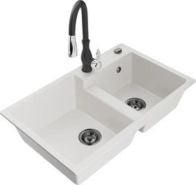 Mexen Tomas, granitový drez 800x500x190 mm, 2-komorový a drezová batéria Savita, biela, 6516-20-672601-70