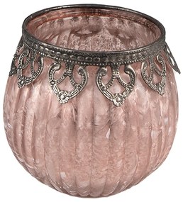 Ružový sklenený svietnik na čajovú sviečku s ozdobným okrajom - Ø 11*10 cm